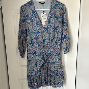 Zara Blue Wrap Sundress with Ruffled Hem and Tie Front